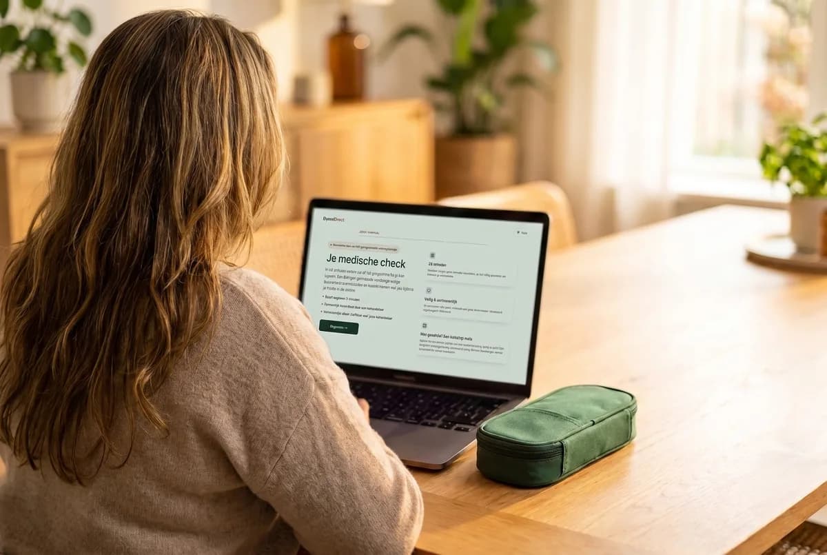Vrouw doet thuis de online check op haar laptop, over haar schouder meegekeken
