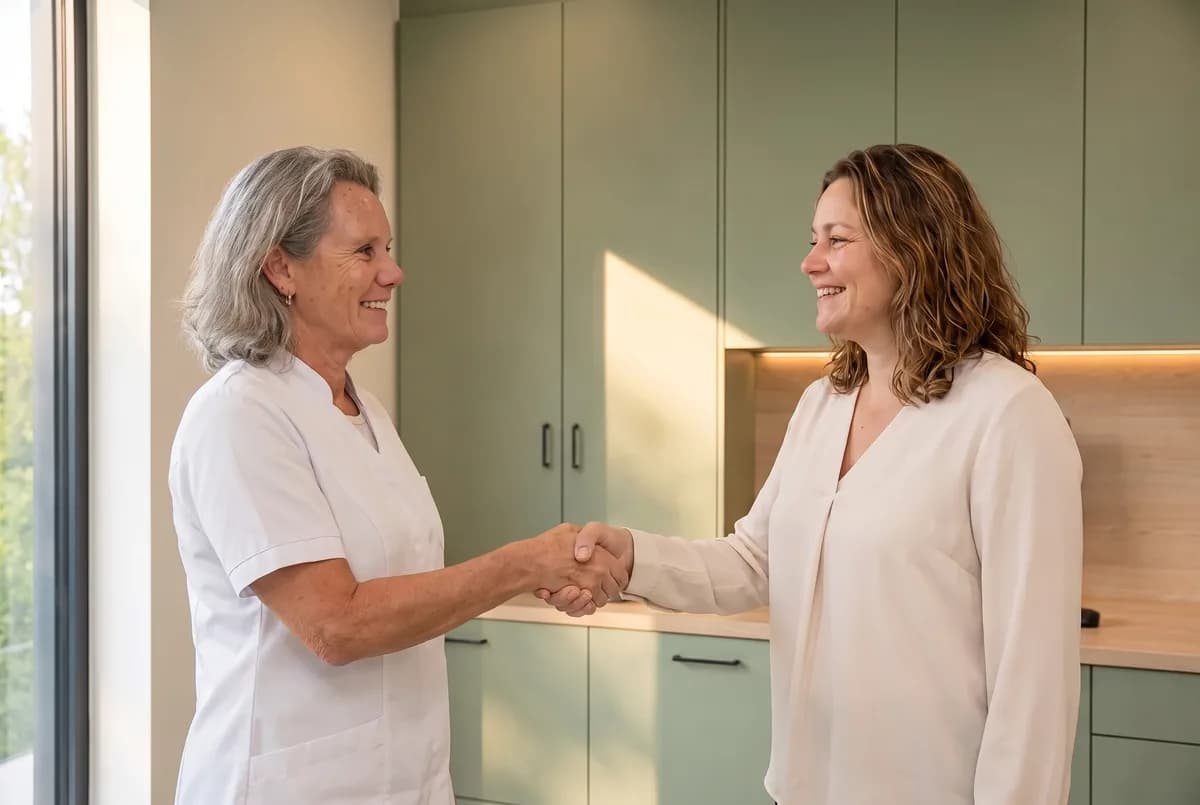 Je wordt met een handdruk ontvangen in de spreekruimte van de kliniek