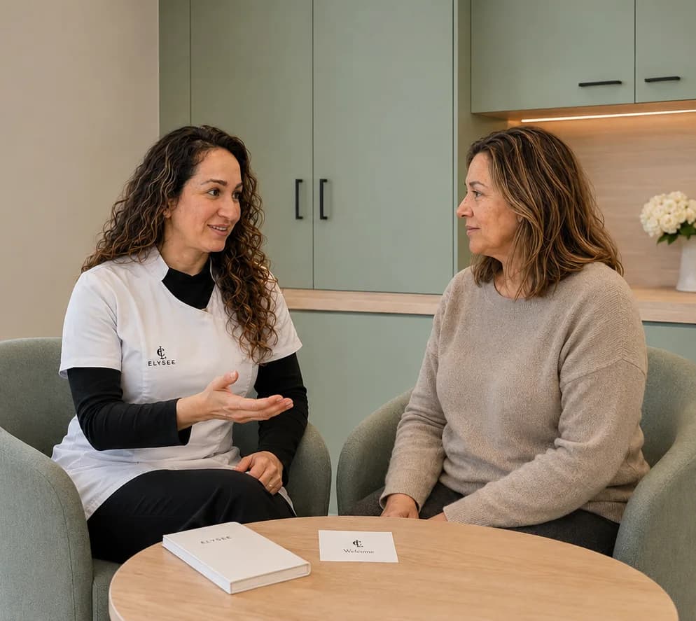 Drs. Donija Azim bespreekt de behandeling met een cliënte aan tafel in de Elysee-kliniek