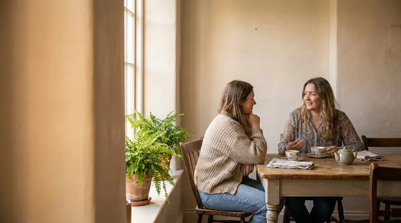 Twee vrouwen zitten tegenover elkaar aan een tafel bij het raam te praten