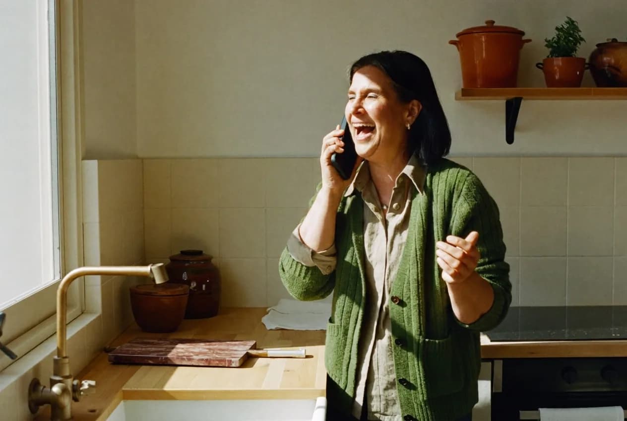 Een vrouw staat lachend te bellen in haar keuken