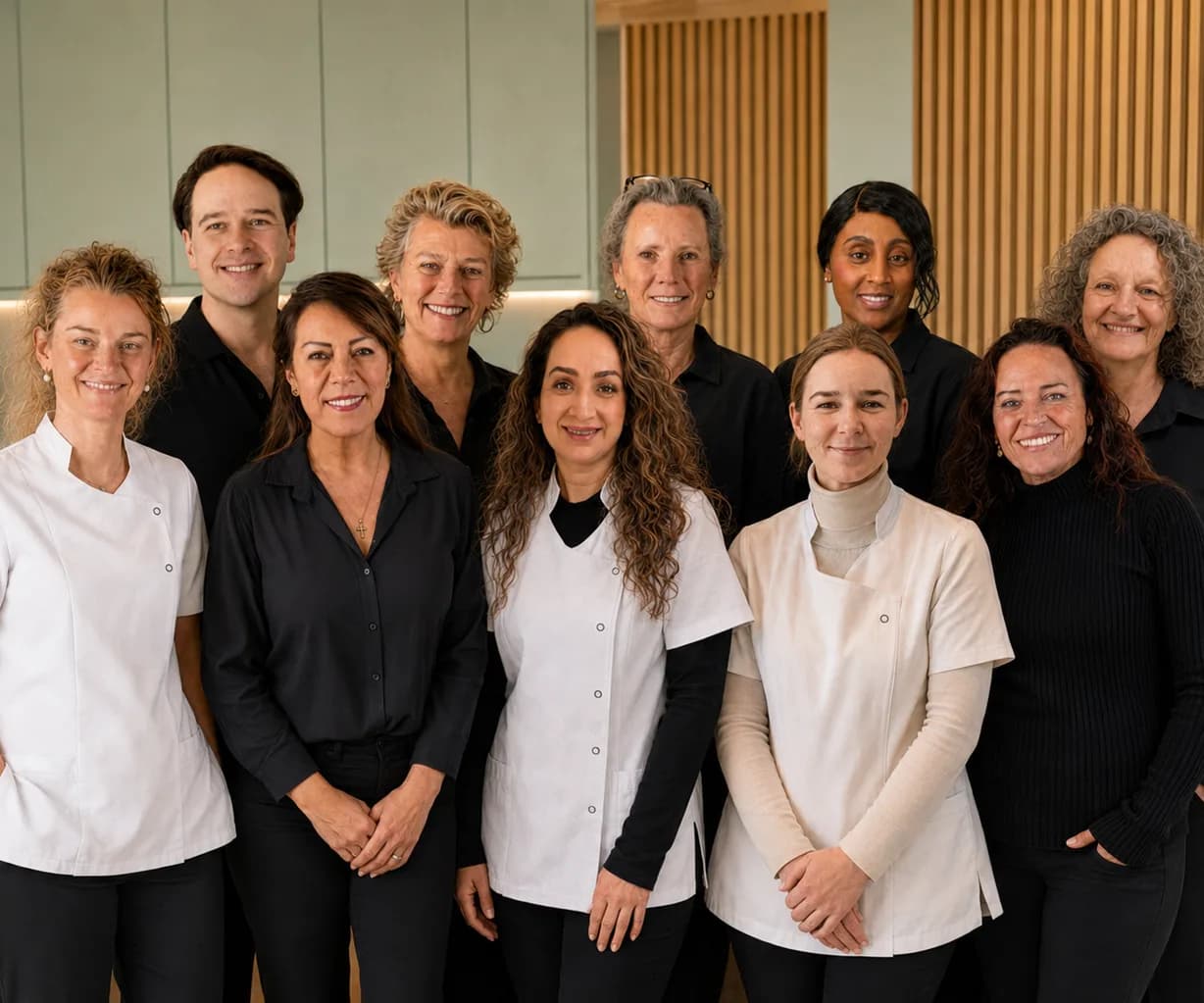 Het voltallige Elysee-team in de kliniek, in wit en donker tenue