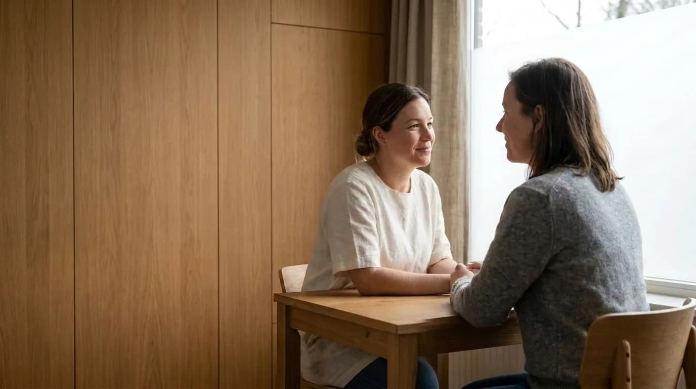 Een Elysee-verpleegkundige in gesprek met een cliënt, op ooghoogte aan tafel