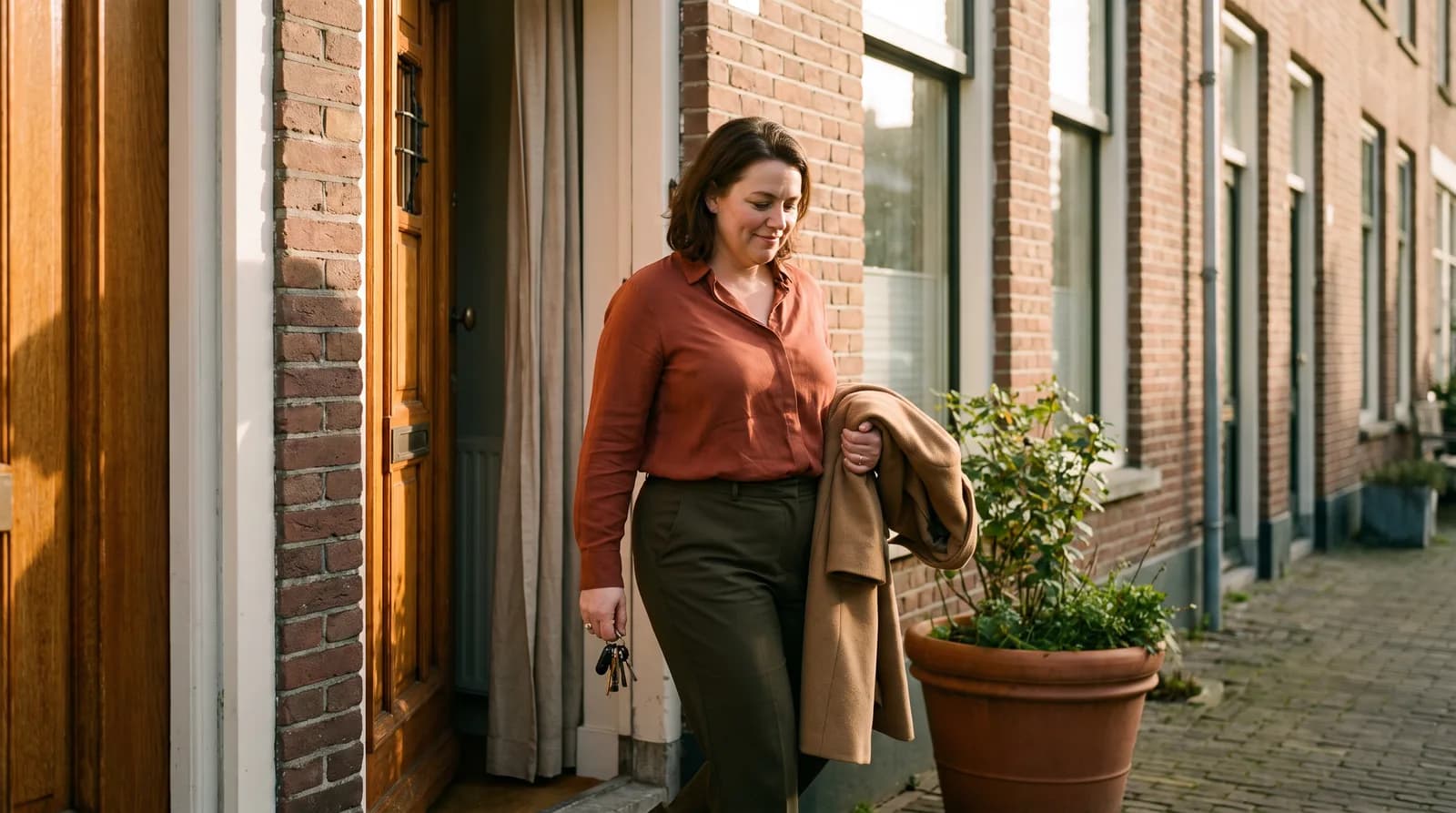Vrouw kijkt glimlachend op haar telefoon op straat, aan het eind van de middag