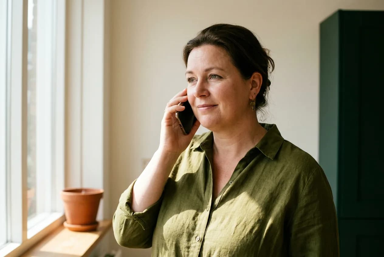 Vrouw belt thuis bij het raam, met een rustige blik naar buiten