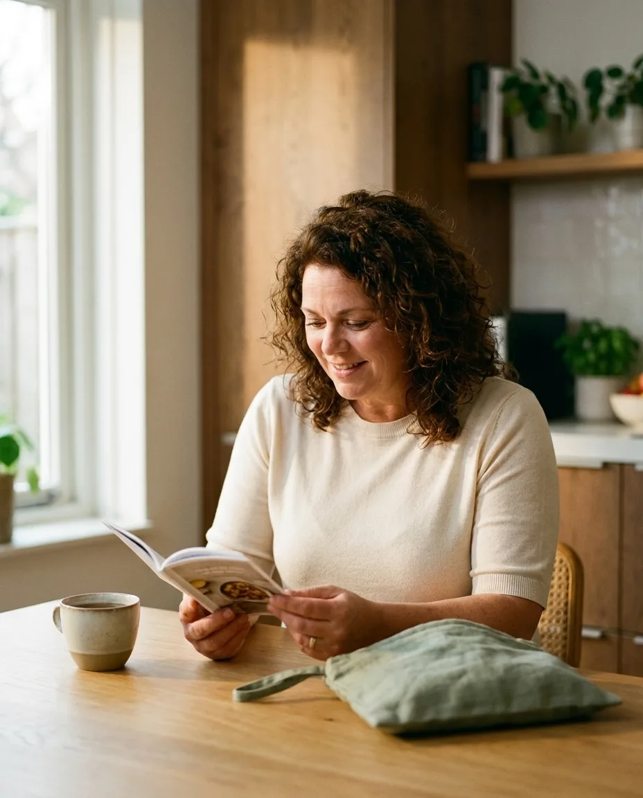 Een vrouw leest een boekje aan haar keukentafel, met een kop koffie en haar etui naast zich.